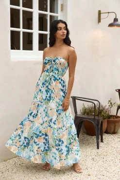 Rainforest Oasis Strapless Maxi Dress Blue