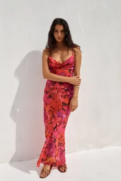 RUNAWAY THE LABEL Bad Romance Sheer Maxi Dress Pink Floral