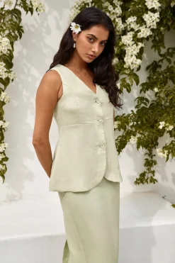 Seaside Haven Linen Vest Top Green