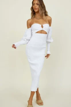 SEVEN WONDERS Luciano Shirred Midi Dress White