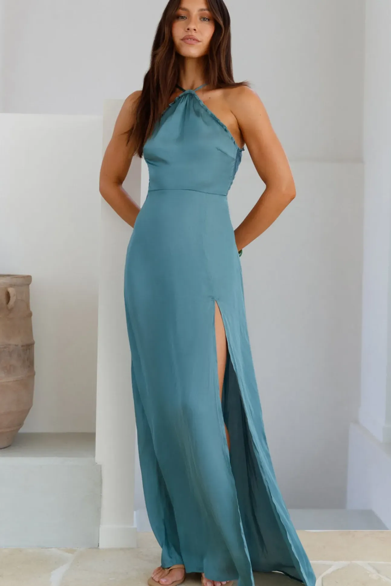 Soiree Style Satin Maxi Dress Sage
