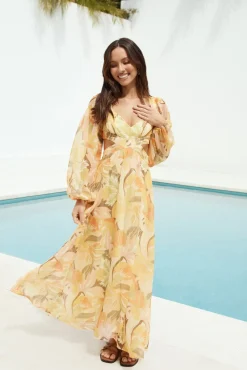 Starlight Blooms Long Sleeve Maxi Dress Yellow