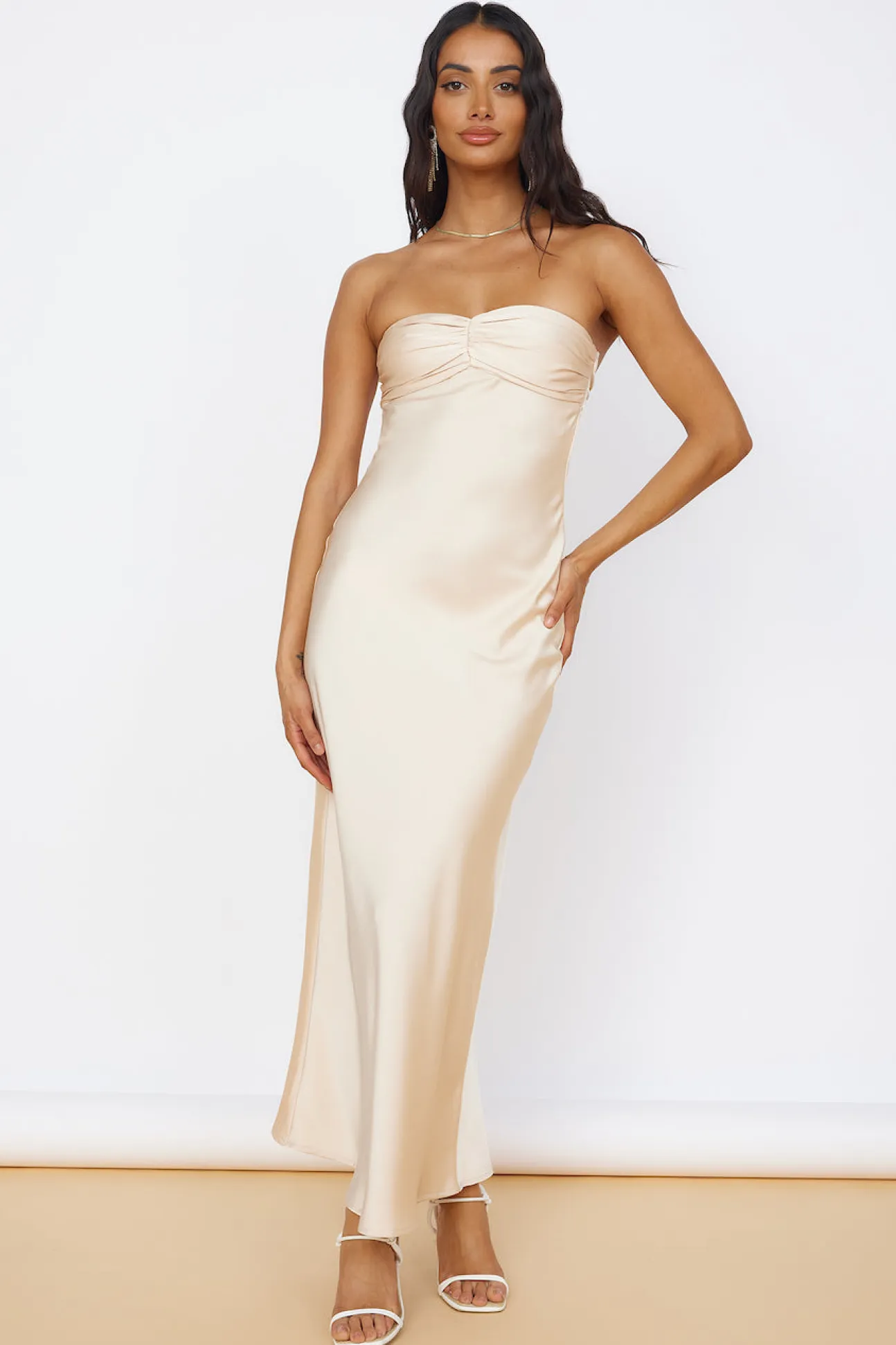 Start of Something New Satin Maxi Dress Beige