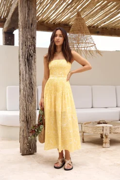 Sunflower Fields Strapless Midi Dress Yellow