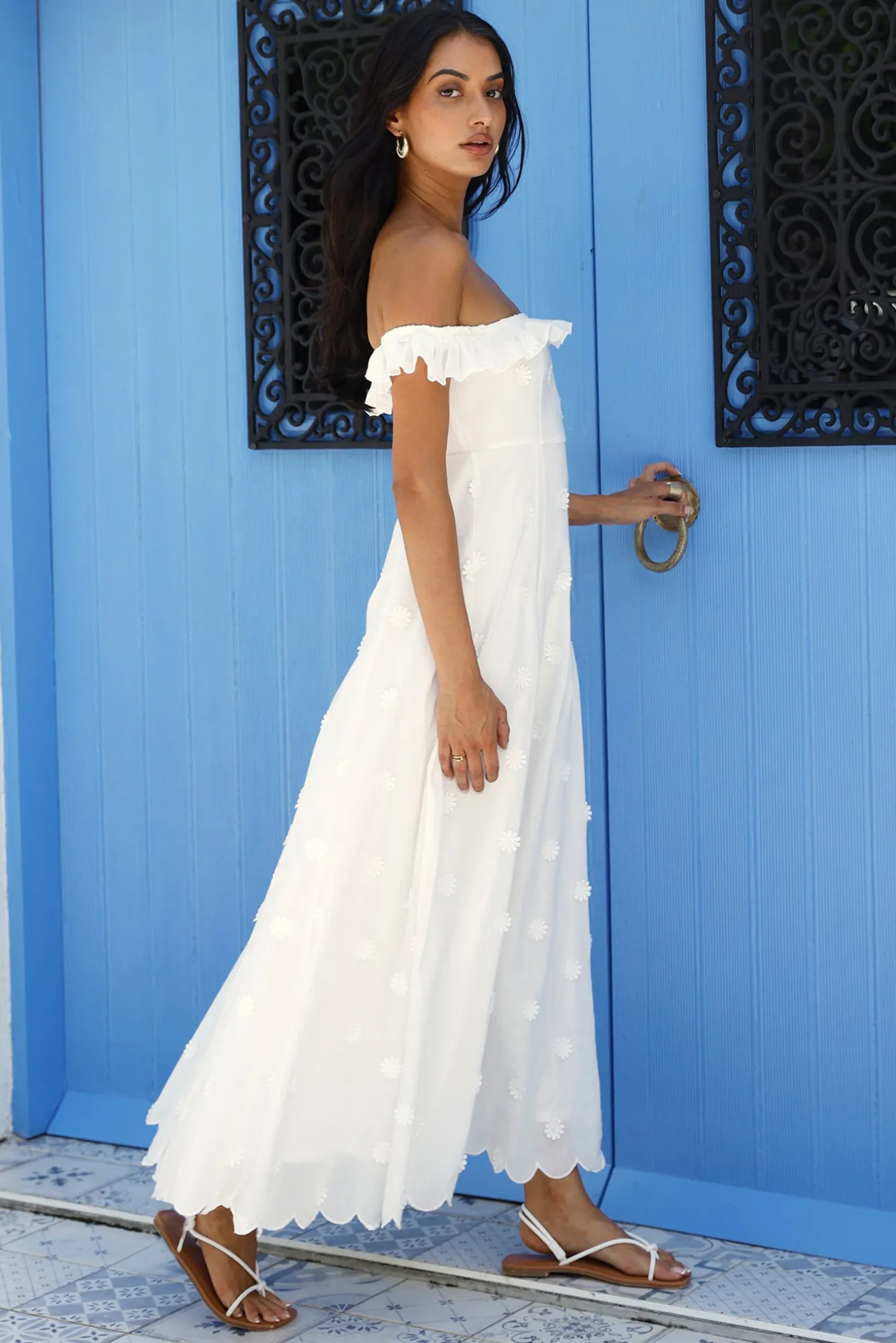 Sunset Waves Off Shoulder Maxi Dress Off White