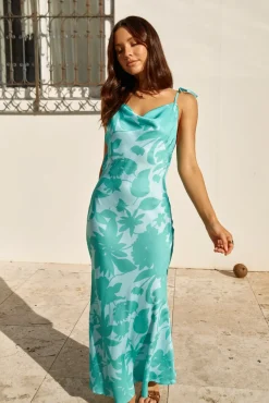 Sweet Autumn Leaves Satin Halter Maxi Dress Sage