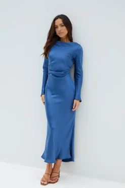 The Forget Me Not Satin Midi Dress Navy