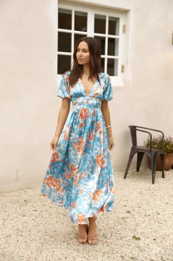 Through Oceans Satin Maxi Dress Blue