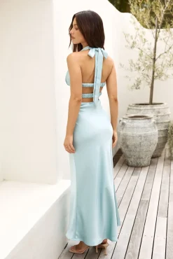 True Elegance Halter Satin Maxi Dress Sage