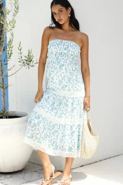 Under Palm Trees Strapless Midi Dress Blue